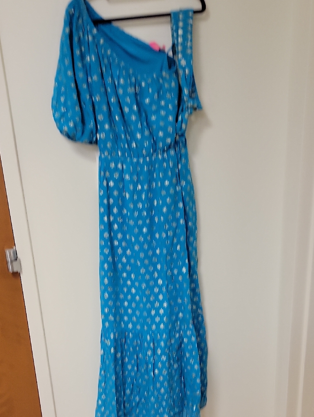 Lilly Pulitzer Blue One-Shoulder Maxi Dress with GOLD Metallic Print